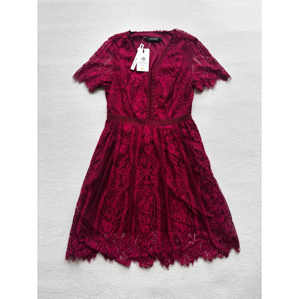 NWT Merokeety Lace Cocktail Dress Womens Size M Burgundy Short Sleeve‎ A-Line